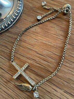 Pave’ Crystal Cross Bolo and Wing Adjustable Bracelet - Gold Tone Marked SU CH